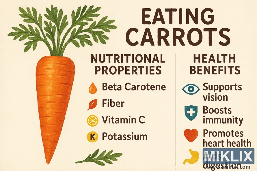 క్యారెట్లు తినడం వల్ల కలిగే పోషక లక్షణాలు మరియు ఆరోగ్య ప్రయోజనాలను చూపించే ఇన్ఫోగ్రాఫిక్.