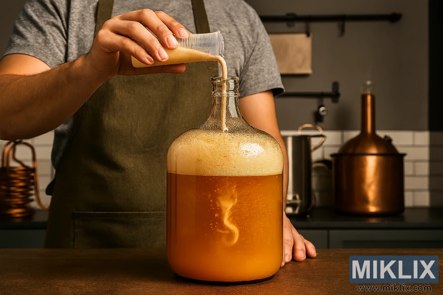 Hembryggare som häller flytande jäst i en glasdamjeanne fylld med Weizen-öl i modern tysk brygguppställning