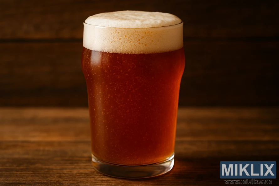 Et glass ravrugøl med kremet hode på en rustikk treflate.