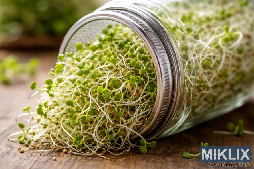 Friske alfalfaspirer med hvite stilker og grønne blader som vokser tett inne i en klar glasskrukke som er tippet på siden.