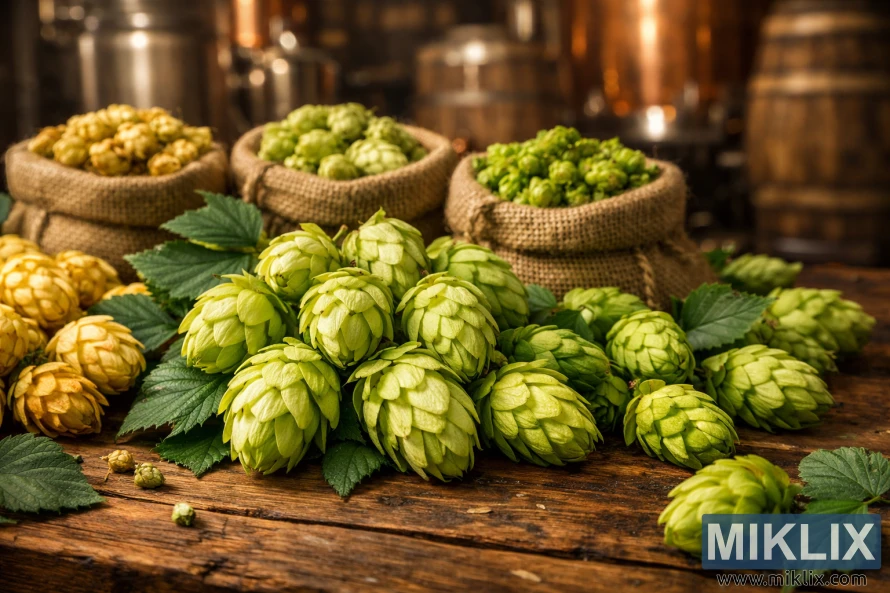Close-up of fresh green hop cones on a rustic wooden table, with burlap sacks of different hop varieties behind them and a softly blurred brewery background lit in warm tones.