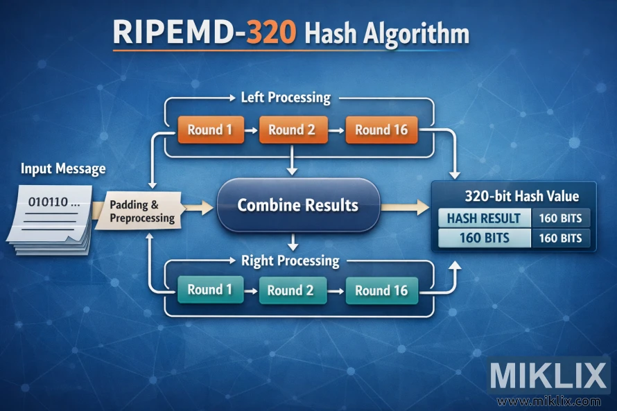 Conceptual diagram of the RIPEMD-320 hash algorithm showing message input, parallel processing paths, compression rounds, and final 320-bit hash output.