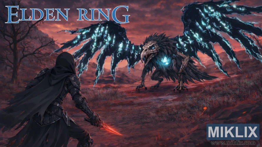 Fan art of Elden Ring's Black Knife armor-clad player battling Death Rite Bird in Caelid