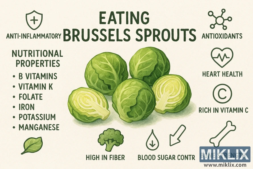 Educational infographic illustrating Brussels sprouts with a nutrient list and icons highlighting health benefits such as antioxidants, heart health, vitamin C, fiber, and anti-inflammatory properties on a light parchment-style background. Educational infographic illustrating Brussels sprouts with a nutrient list and icons highlighting health benefits such as antioxidants, heart health, vitamin C, fiber, and anti-inflammatory properties on a light parchment-style background.