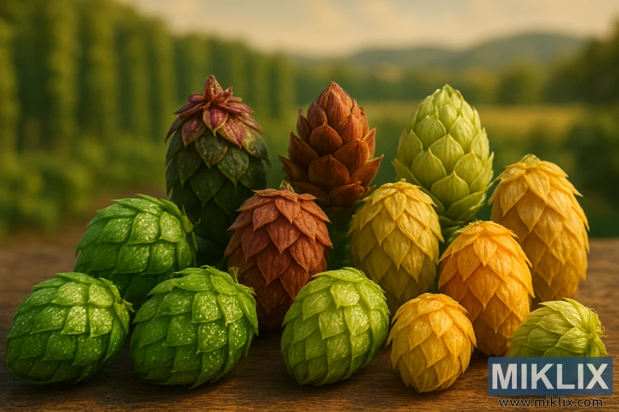 Různé chmelové hlávky v zelených, zlatých a jantarových odstínech na rustikálním dřevěném povrchu.