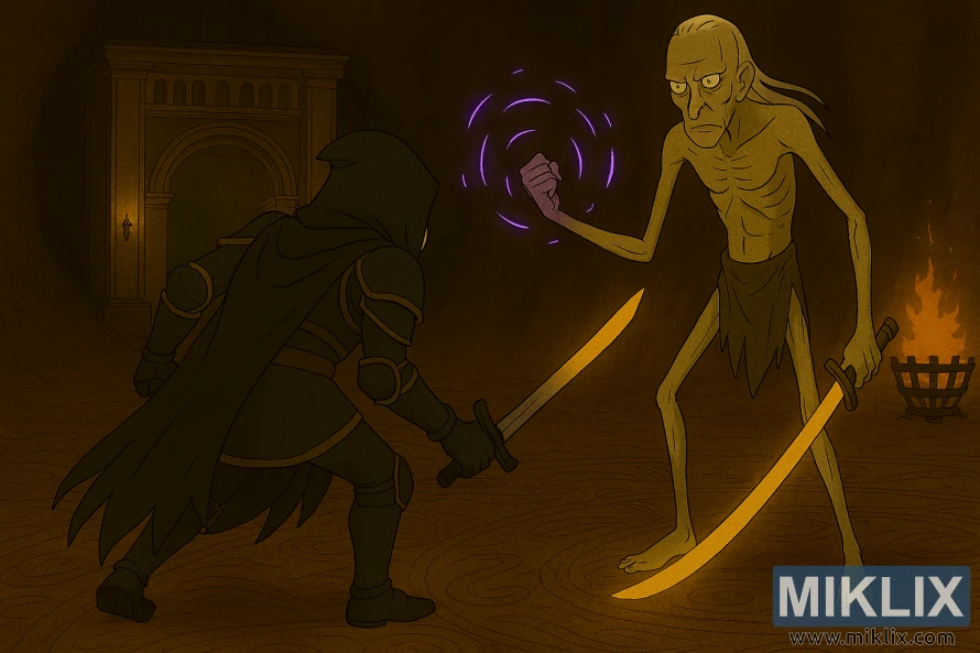 Anime-style fan art of the Tarnished in Black Knife armor battling a towering Onyx Lord in Elden Ring's Sealed Tunnel