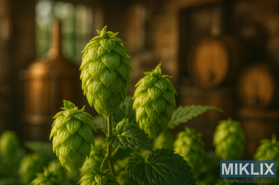 Close-up of Hersbrucker hop cones with glistening resin glands in a warm brewery setting