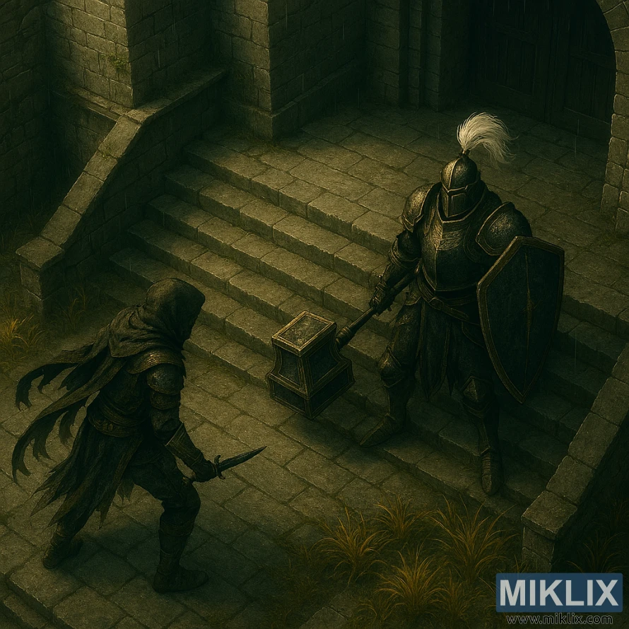 Elevated view of the Tarnished in Black Knife armor confronting Black Knight Garrew on fortress steps
