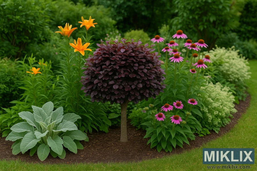 Pohon Beech Ungu Kerdil di perbatasan campuran dengan bunga lili, bunga kerucut, dan tanaman berdaun perak.