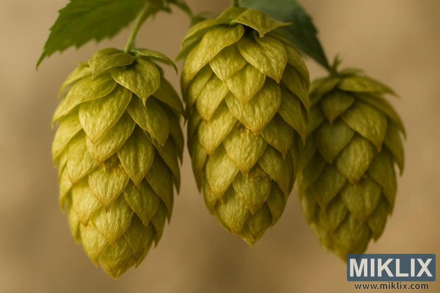 Detaljan krupni plan zlatnozelenih češera hmelja Talisman s mekim zamućenjem pozadine. Detaljan krupni plan zlatnozelenih češera hmelja Talisman s mekim zamućenjem pozadine.