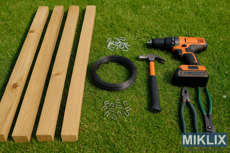 Ant žolės išdėlioti mediniai stulpai, viela, kabės ir įrankiai gervuogių grotelių statybai. Ant žolės išdėlioti mediniai stulpai, viela, kabės ir įrankiai gervuogių grotelių statybai.