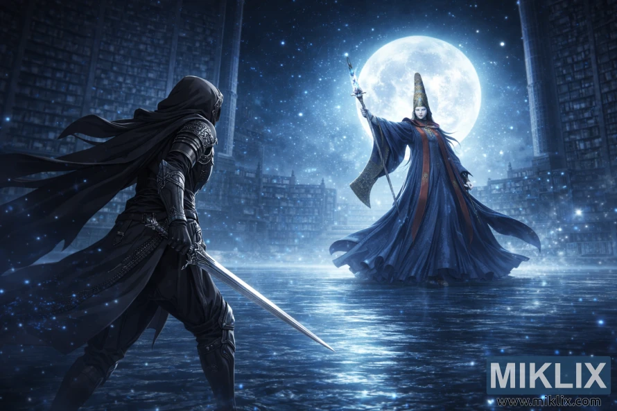 Fan art in stile anime che mostra Tarnished di spalle a sinistra con una spada, di fronte a Rennala, Regina della Luna Piena, in un'ampia vista illuminata dalla luna della biblioteca della Raya Lucaria Academy.