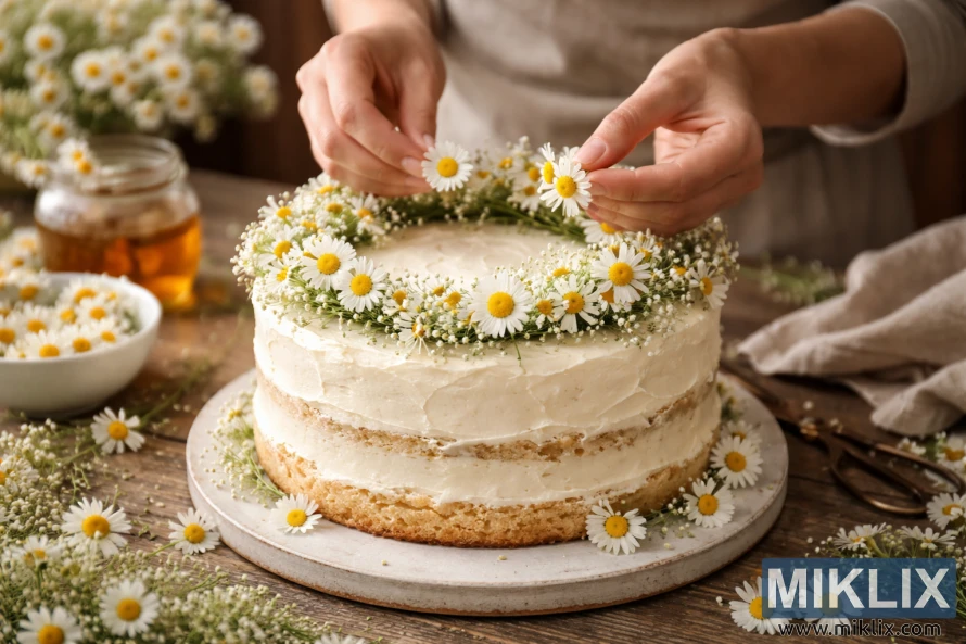 Hands decorating a lightly frosted layered cake with fresh chamomile flowers on a wooden table in warm natural light.