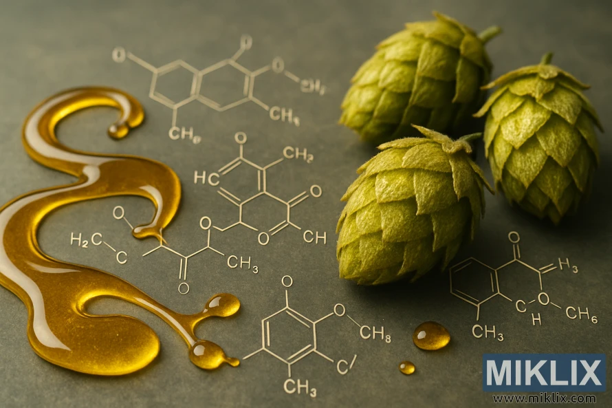 Fotografia de alta resolução de óleos de lúpulo em suspensão, com suas estruturas moleculares, ao lado de cones de lúpulo verde fresco sobre um fundo texturizado.
