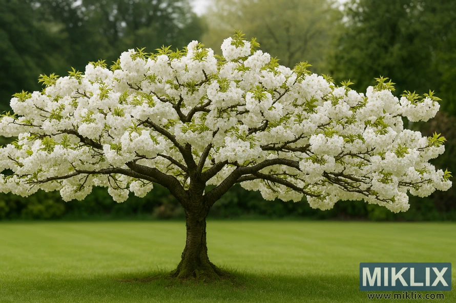 Пейзажная фотография вишни горы Фудзи с горизонтальными ветвями, покрытыми белыми махровыми цветами на зеленом газоне. Пейзажная фотография вишни горы Фудзи с горизонтальными ветвями, покрытыми белыми махровыми цветами на зеленом газоне.