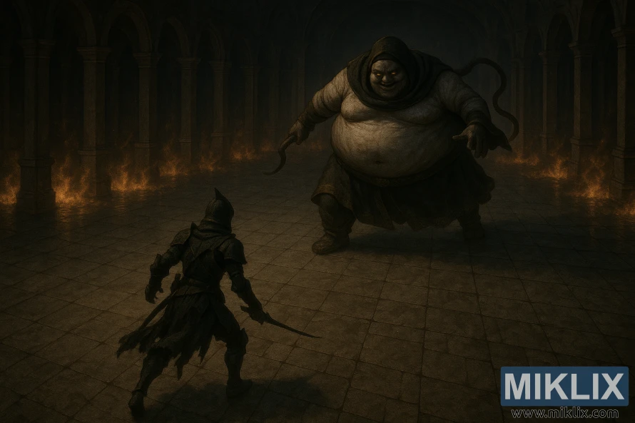 Wurin babban kusurwa na zahiri na Tarnished in Black Knife sulke yana fuskantar Godskin Noble a cikin wani dakin da ke cin wuta na Volcano Manor.