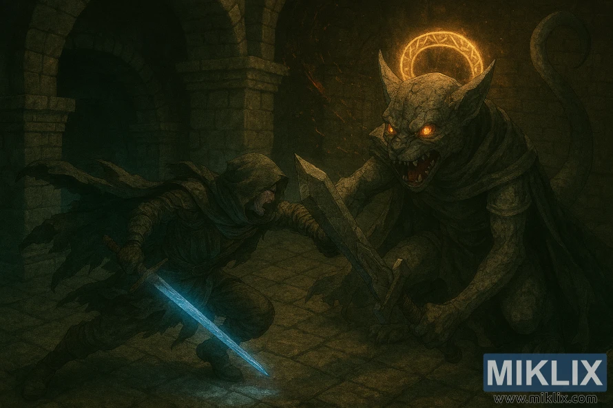 Realistic fan art of Tarnished mid-leap clashing with Erdtree Burial Watchdog in Wyndham Catacombs