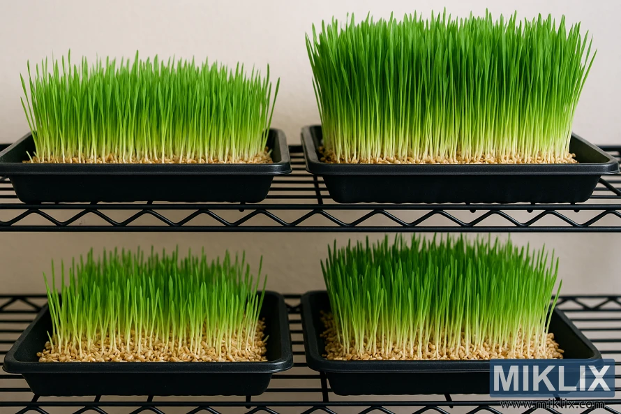 Four trays of wheatgrass at different growth stages arranged on a black wire shelf Four trays of wheatgrass at different growth stages arranged on a black wire shelf