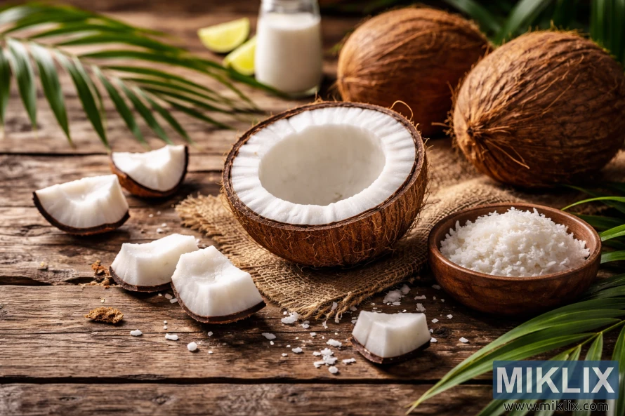 Fresh coconuts and coconut pieces arranged on a rustic wooden table with palm leaves, shredded coconut in a bowl, and soft natural light.