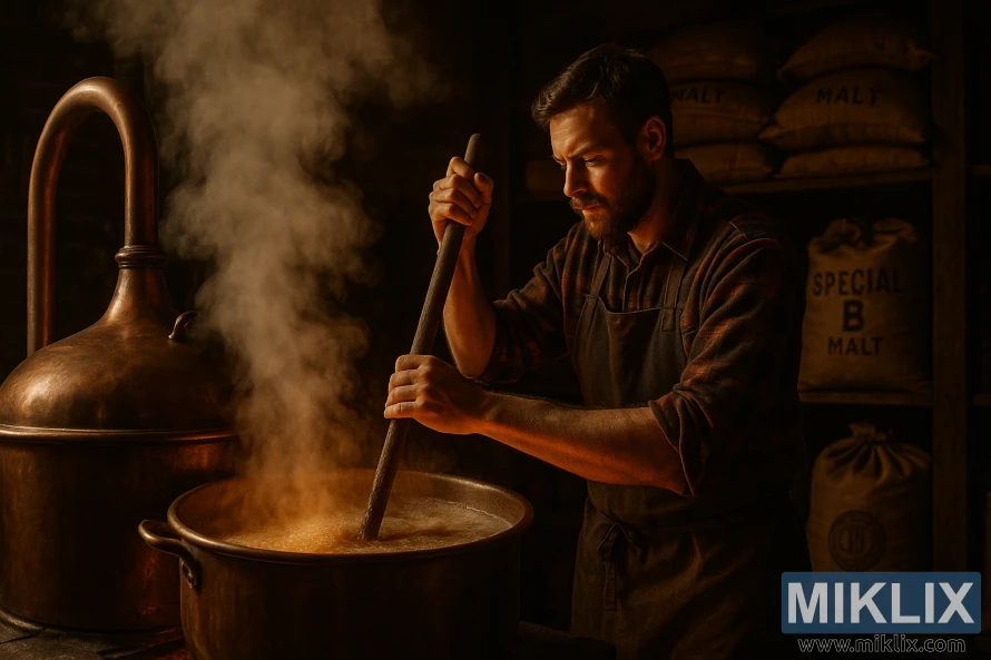 Pivar miješa vruću sladovinu u bakrenom kotlu sa specijalnim B vrećama slada u pozadini.