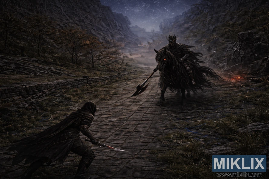 Fanart de Elden Ring, orientada para a paisagem, semi-realista, mostrando o Maculado à esquerda a olhar para a Cavalaria da Noite na Bellum Highway, a partir de uma vista elevada, semelhante a isométrica, durante a noite.