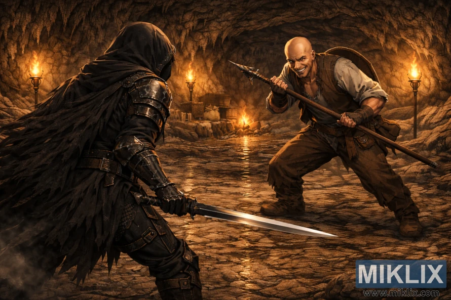 Semi-realistic fantasy scene of an armored Tarnished facing a spear-wielding Patches in a torch-lit underground cave before combat.