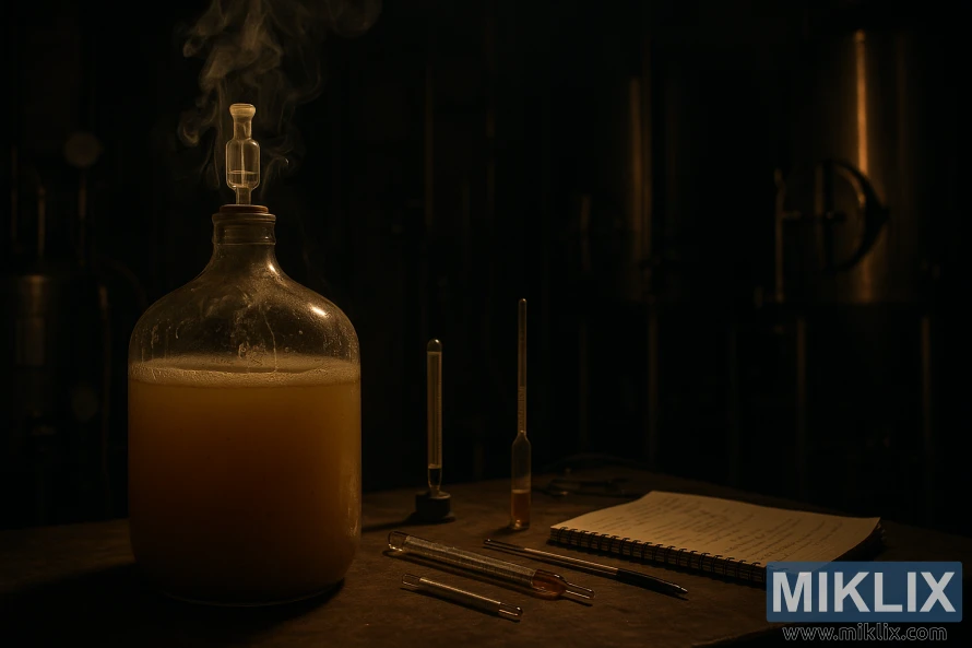 A dimly lit brewery with a cloudy fermenter steaming beside brewing tools on a workbench. A dimly lit brewery with a cloudy fermenter steaming beside brewing tools on a workbench.