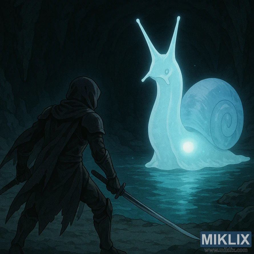 Scène de style anime montrant un guerrier de Black Knife affrontant l'Escargot Invocateur d'Esprits lumineux à l'intérieur d'une caverne obscure. Scène de style anime montrant un guerrier de Black Knife affrontant l'Escargot Invocateur d'Esprits lumineux à l'intérieur d'une caverne obscure.