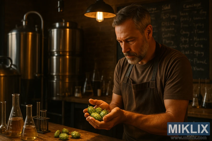 Sörfőző friss Topaz komlót vizsgál egy meleg megvilágítású műhelyben, rozsdamentes acél berendezésekkel és egy főzési jegyzetekkel ellátott táblával. Sörfőző friss Topaz komlót vizsgál egy meleg megvilágítású műhelyben, rozsdamentes acél berendezésekkel és egy főzési jegyzetekkel ellátott táblával.