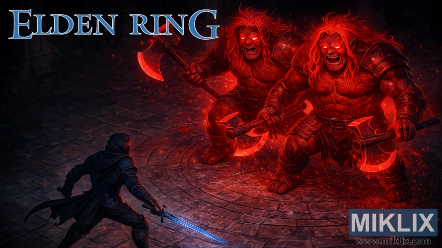 Un Sans-éclat en armure de couteau noir affronte les Jumeaux Fell rouges lumineux dans la Tour Divine d’East Altus d’Elden Ring. Un Sans-éclat en armure de couteau noir affronte les Jumeaux Fell rouges lumineux dans la Tour Divine d’East Altus d’Elden Ring.