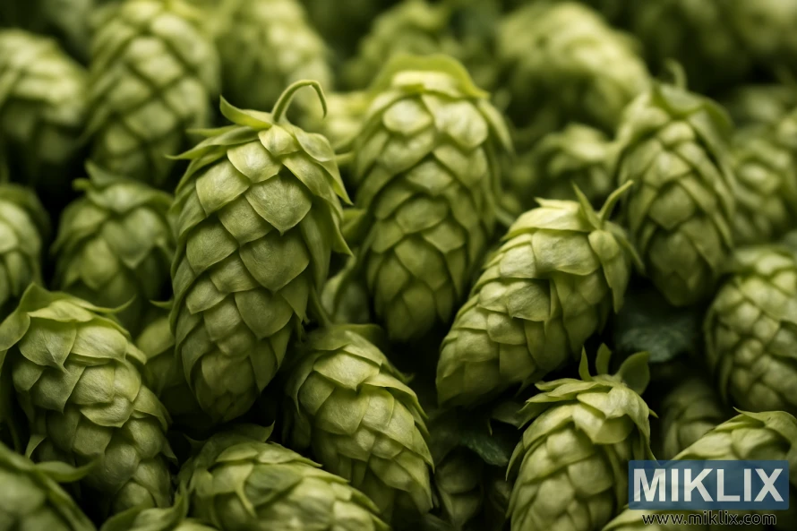 Крупен план на свежи шишарки од хмељ Fuggle Tetraploid во остар фокус со нежно заматена позадина. Крупен план на свежи шишарки од хмељ Fuggle Tetraploid во остар фокус со нежно заматена позадина.