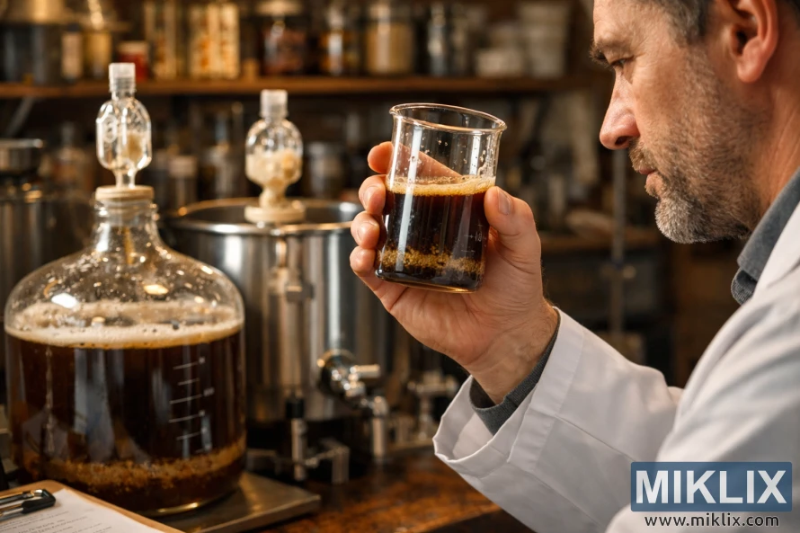 Close-up of a brewer in a white lab coat examining a beaker of dark brown Oud Bruin ale with visible sediment, with a fermenter and airlock in the workshop background. Close-up of a brewer in a white lab coat examining a beaker of dark brown Oud Bruin ale with visible sediment, with a fermenter and airlock in the workshop background.