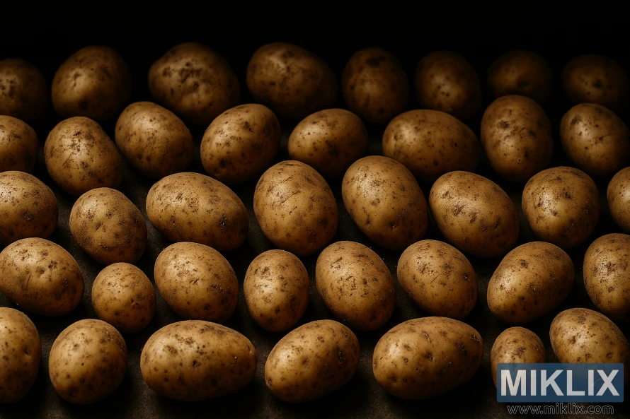 Freshly harvested potatoes laid out in a single layer on a dark surface for curing