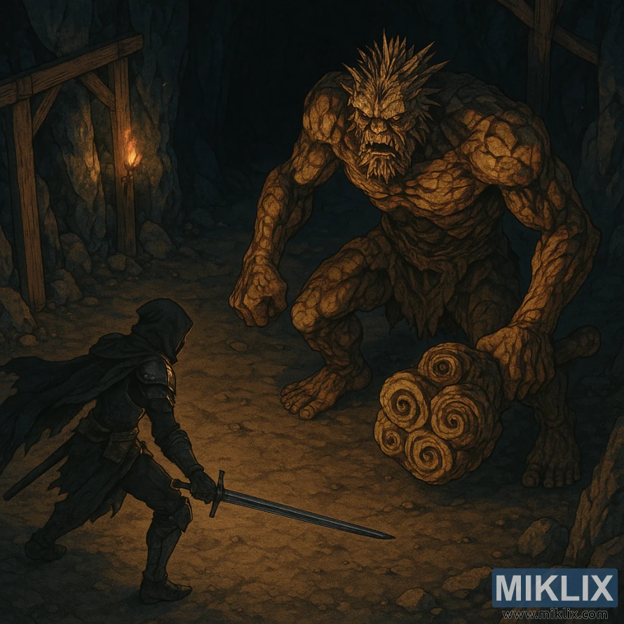 अँध्यारो भूमिगत सुरुङमा अग्लो स्टोनडिगर ट्रोलको सामना गर्दै सिधा तरवार बोकेको कलंकितको आइसोमेट्रिक काल्पनिक चित्रण।