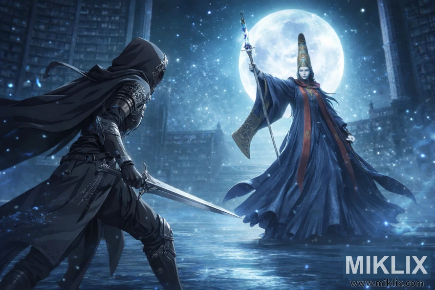 Fan art in stile anime che raffigura i Tarnished mentre brandiscono una spada e affrontano Rennala, Regina della Luna Piena, nella biblioteca illuminata dalla luna della Raya Lucaria Academy, poco prima della battaglia.