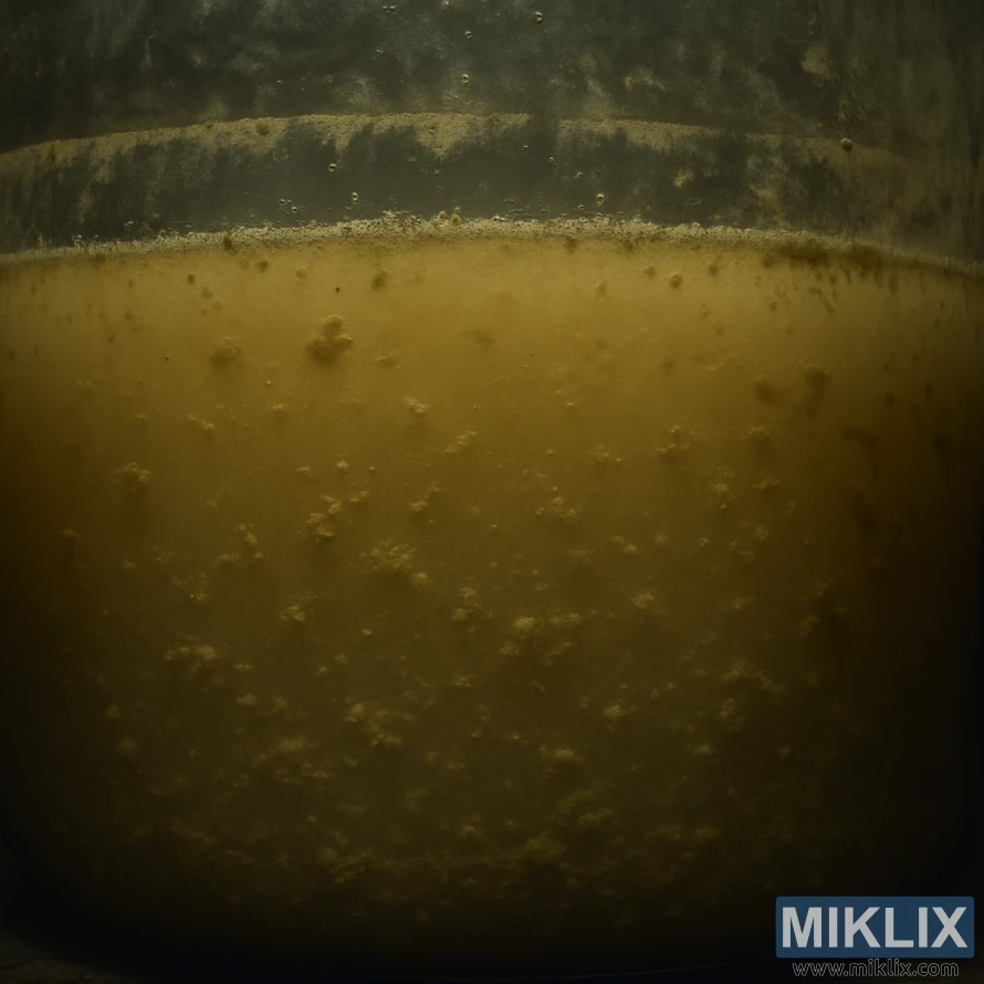 Zəif və qeyri-bərabər işıqlandırma altında dumanlı maye və asılı çöküntü ilə dolu bulanıq fermentasiya qabı.