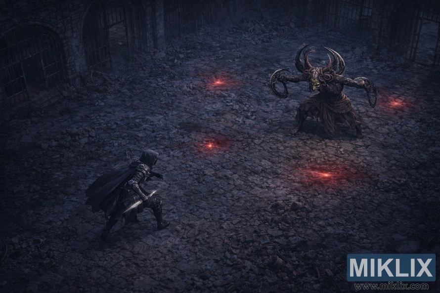 Isometric anime style view of the Tarnished in Black Knife armor facing Curseblade Labirith across the cracked stone floor of Bonny Gaol.