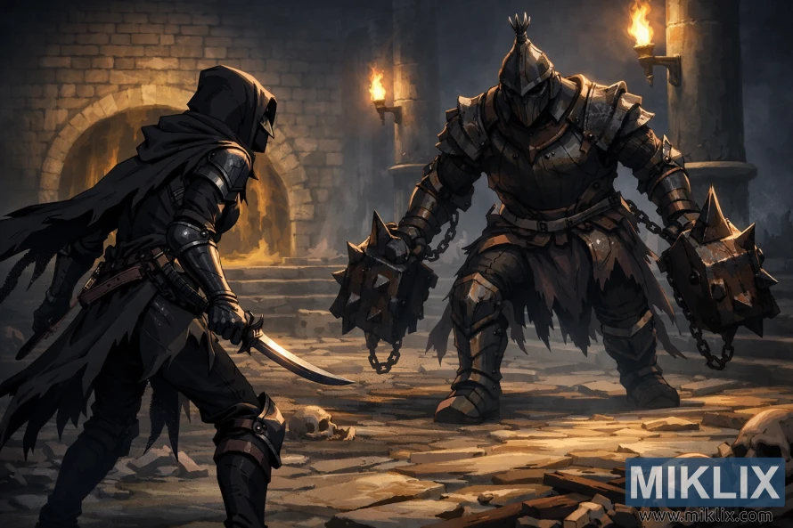 بلیک نائف آرمر میں تارنشڈ انیمی طرز کا پرستار آرٹ جنگ سے ٹھیک پہلے ٹارچلیٹ مرک واٹر کیٹاکومبس کے اندر گریو وارڈن ڈوئلسٹ کا محتاط انداز میں سامنا کر رہا ہے۔