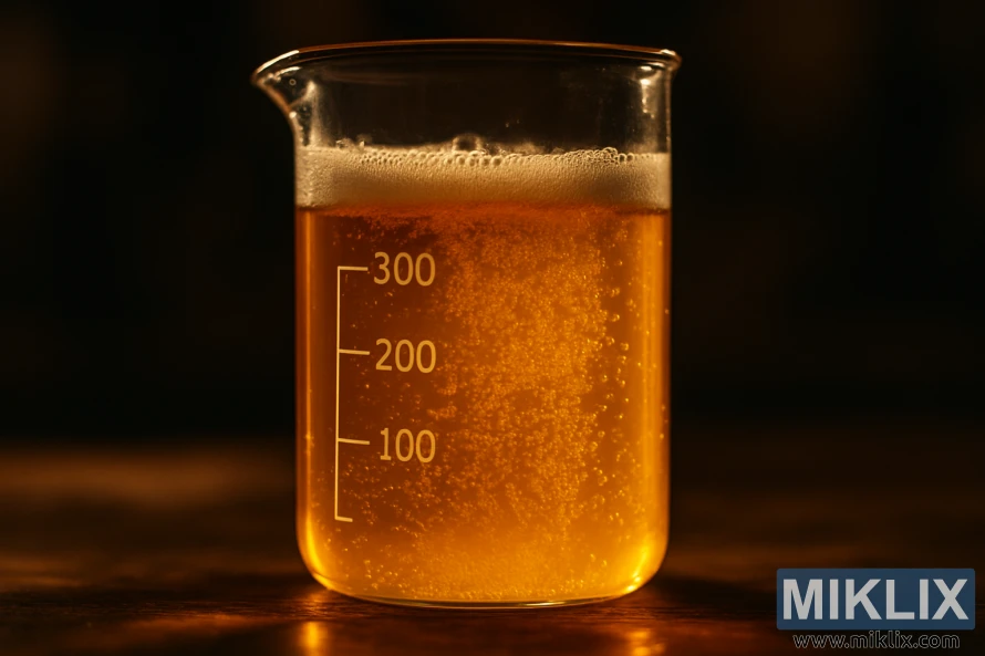 Lähikuva lasisesta dekantterilasista, joka on täytetty kullanvärisellä, kuplivalla nesteellä oluen käymisen diasetyylilepovaiheessa ja johon on kaiverrettu merkinnät 100, 200 ja 300 millilitraa.