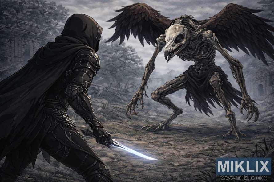 Anime style scene of a hooded Tarnished in black armor seen from behind confronting a skeletal birdlike Deathbird boss at close range in a foggy ruined landscape.