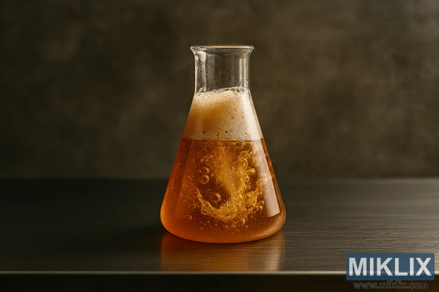 Krupni plan staklene čaše sa pjenastom jantarnom tekućinom na laboratorijskom stolu od nehrđajućeg čelika Krupni plan staklene čaše sa pjenastom jantarnom tekućinom na laboratorijskom stolu od nehrđajućeg čelika