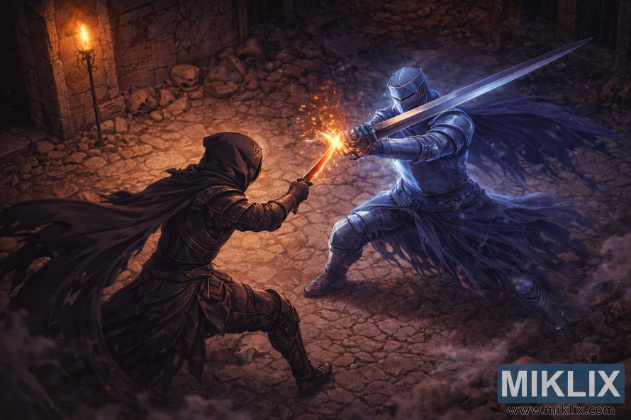 पछाडिबाट देखिने टार्निश्ड इन ब्ल्याक नाइफ आर्मरको आइसोमेट्रिक एनिमे-शैलीको फ्यान आर्ट, जसमा एक हातमा चम्किलो खंजर समातिएको छ र टर्चलाइट कालकोठरीमा दुई हात भएको तरवारले एकान्त गाओलको नीलो वर्णक्रमीय नाइटसँग द्वन्द्व गरिरहेको छ।