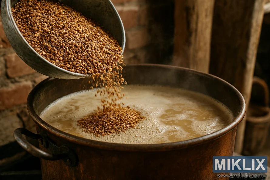 Crushed Special Roast Malt being poured into a copper mash pot in a rustic homebrewing setup Crushed Special Roast Malt being poured into a copper mash pot in a rustic homebrewing setup