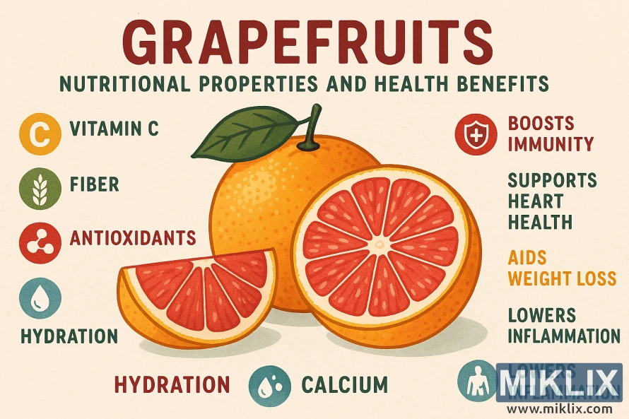Hình minh họa cho thấy quả bưởi, các đặc tính dinh dưỡng và lợi ích sức khỏe của chúng.