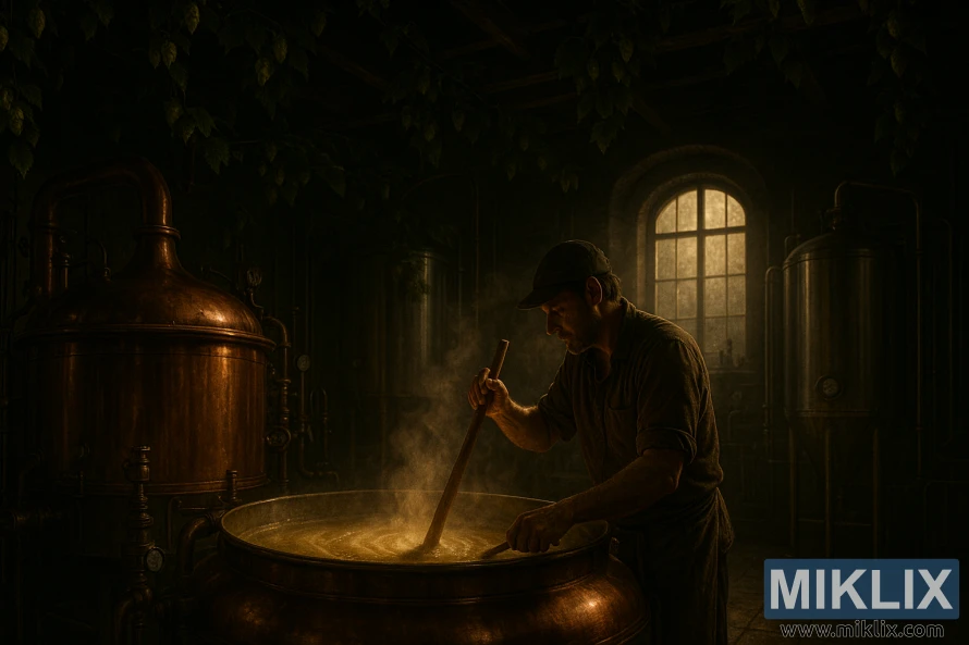 Brewer rører vørter i et svakt bryggeri med kobbertanker, stålkar og humleranker under varmt gyllent lys.