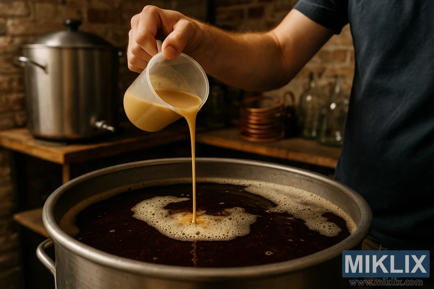 ਬਰੂਅਰ ਤਰਲ ਖਮੀਰ ਨੂੰ ਡਾਰਕ ਏਲ ਦੇ ਸਟੇਨਲੈਸ ਸਟੀਲ ਫਰਮੈਂਟਰ ਵਿੱਚ ਪਾਉਂਦਾ ਹੈ।