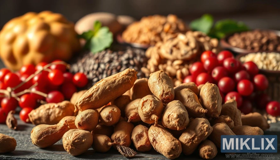 Gomolji korijena mace sa superhranom poput goji bobica, chia sjemenki i kvinoje u toplom prirodnom svjetlu. Gomolji korijena mace sa superhranom poput goji bobica, chia sjemenki i kvinoje u toplom prirodnom svjetlu.