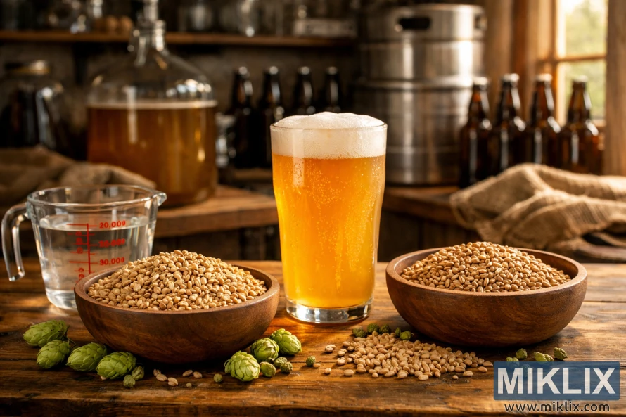 Isang simpleng tanawin ng kusina na may mga butil, hops, at isang baso ng ginintuang American wheat beer sa isang kahoy na countertop, napapalibutan ng mga kagamitan sa paggawa ng serbesa sa bahay
