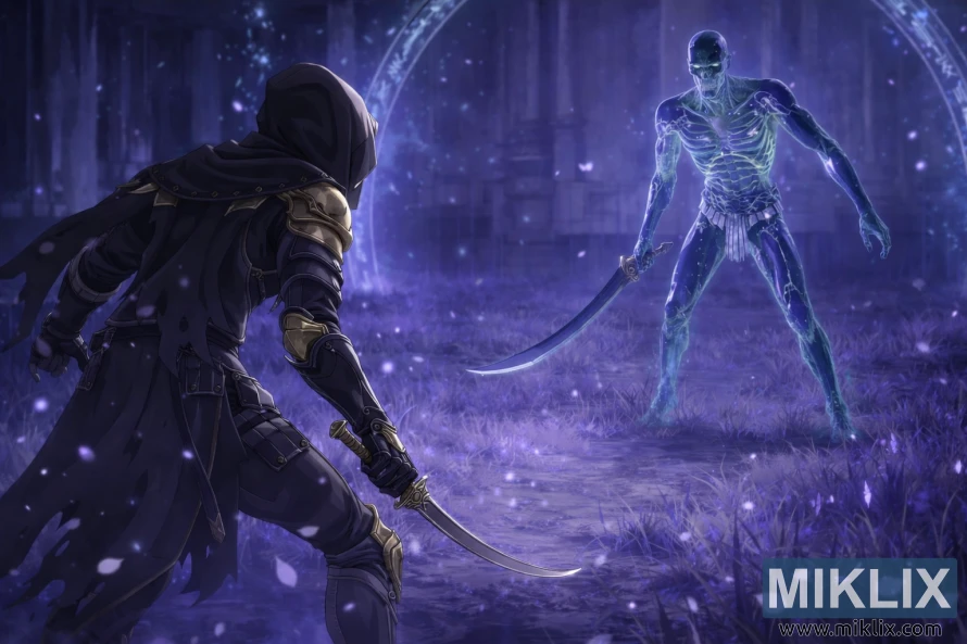 Fanart in anime-stijl van Elden Ring, waarop de Tarnished in Black Knife-pantser te zien is, oog in oog met de gloeiende Onyx Lord in de Royal Grave Evergaol, vlak voordat het gevecht begint.