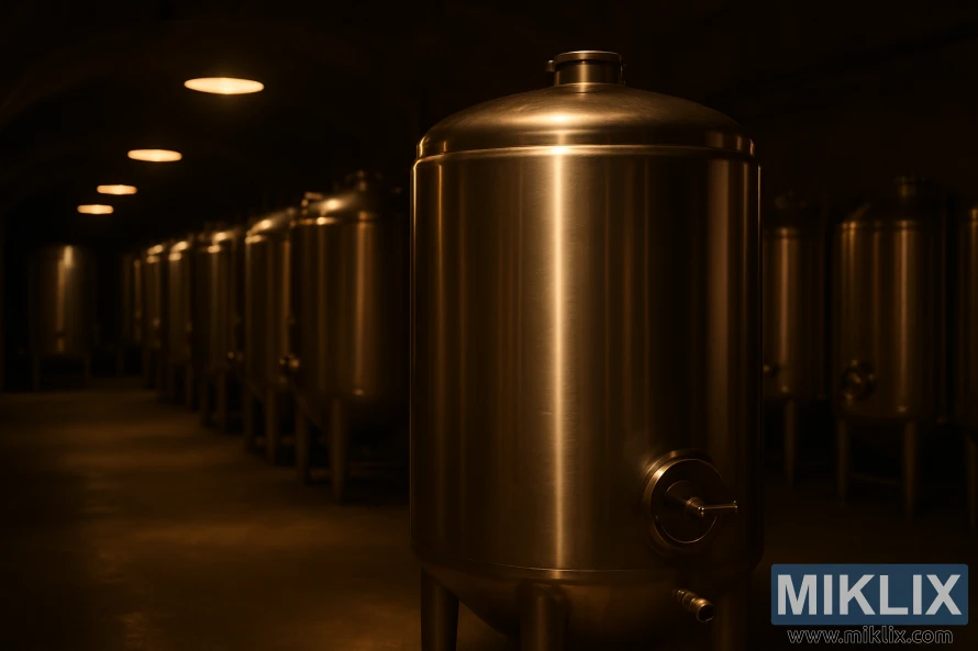 Ruang bawah tanah kilang bir yang bercahaya malap dengan tangki penapaian keluli tahan karat yang digilap disusun dalam barisan di bawah pencahayaan industri yang hangat.